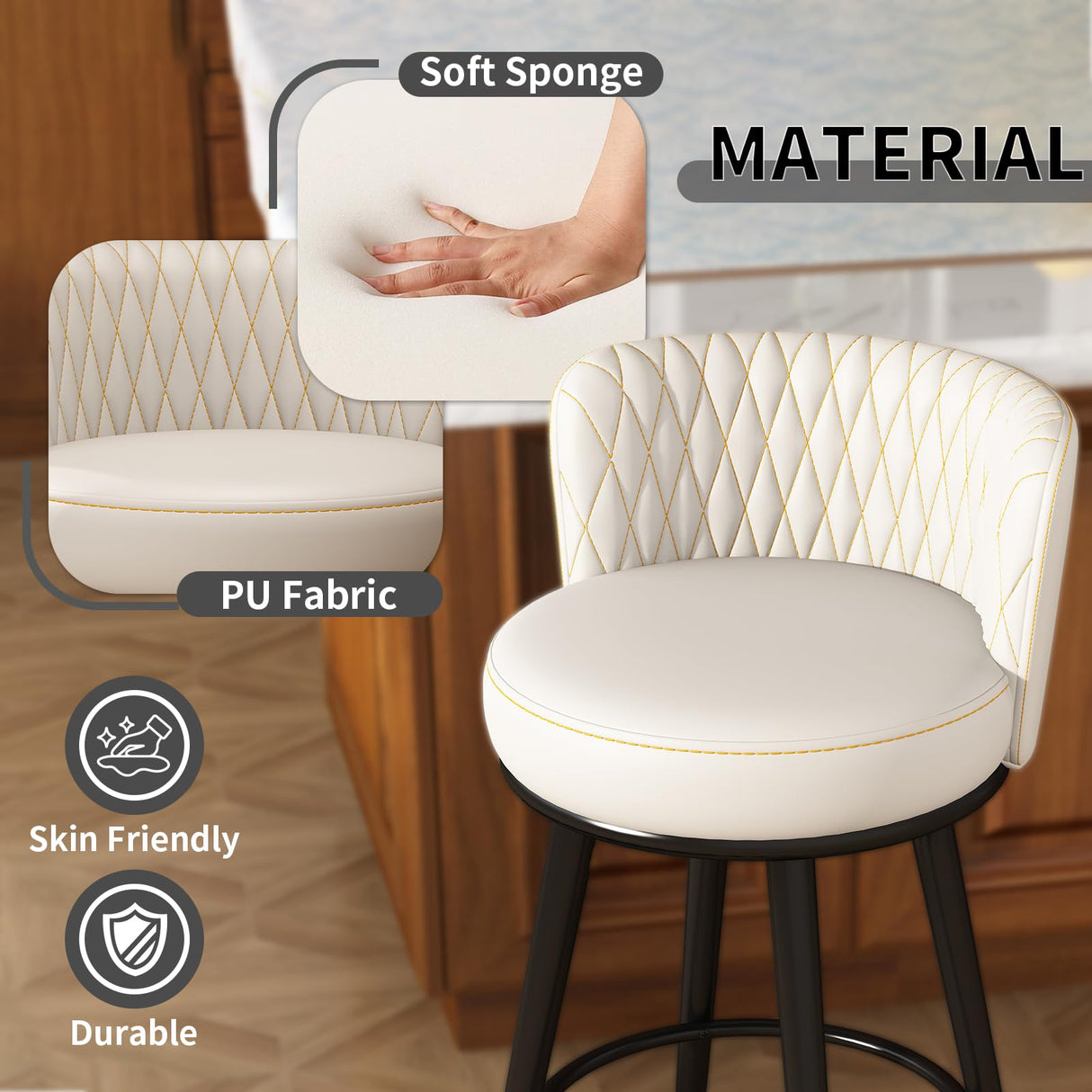 HONIFUR Bar Stools Set of 2, 27 Inch Barstools with Sturdy Legs, Leather Farmhouse Counter Height Bar Stool for Kitchen, Dining, Bar (Swivel, Beige, Leather) HONIFUR