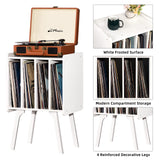 LELELINKY Record Player Stand,Vinyl Record Storage Table with 4 Cabinet Up to 100 Albums,Mid-Century Modern Turntable Stand with Wood Legs,White Vinyl Holder Display Shelf for Bedroom Living Room LELELINKY