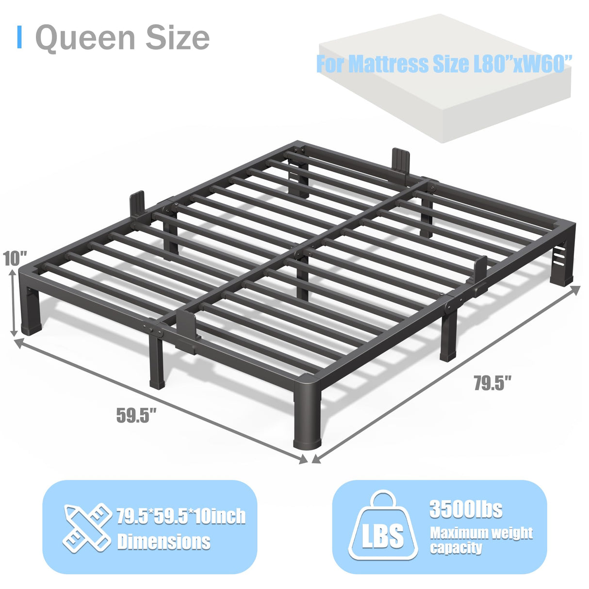 10 inch Queen Bed Frame with Round Corner Legs and Headboard Hole Mattress Slide Stopper Low Profile Heavy Duty Metal Platform,Steel Slats Support,No Box Spring Needed,Easy Assembly,Noise Free Yitong Angel