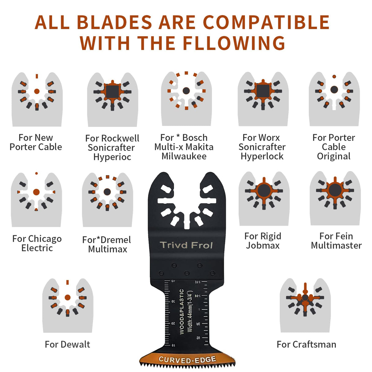 Trivd Frol 100Pcs Curved-Edge Oscillating Tool Blades Professional Universal Oscillating Saw Blades Wood Multitool Blades Compatible with Dewalt, Milwaukee, Ryobi, Rockwell, Bosch Trivd Frol