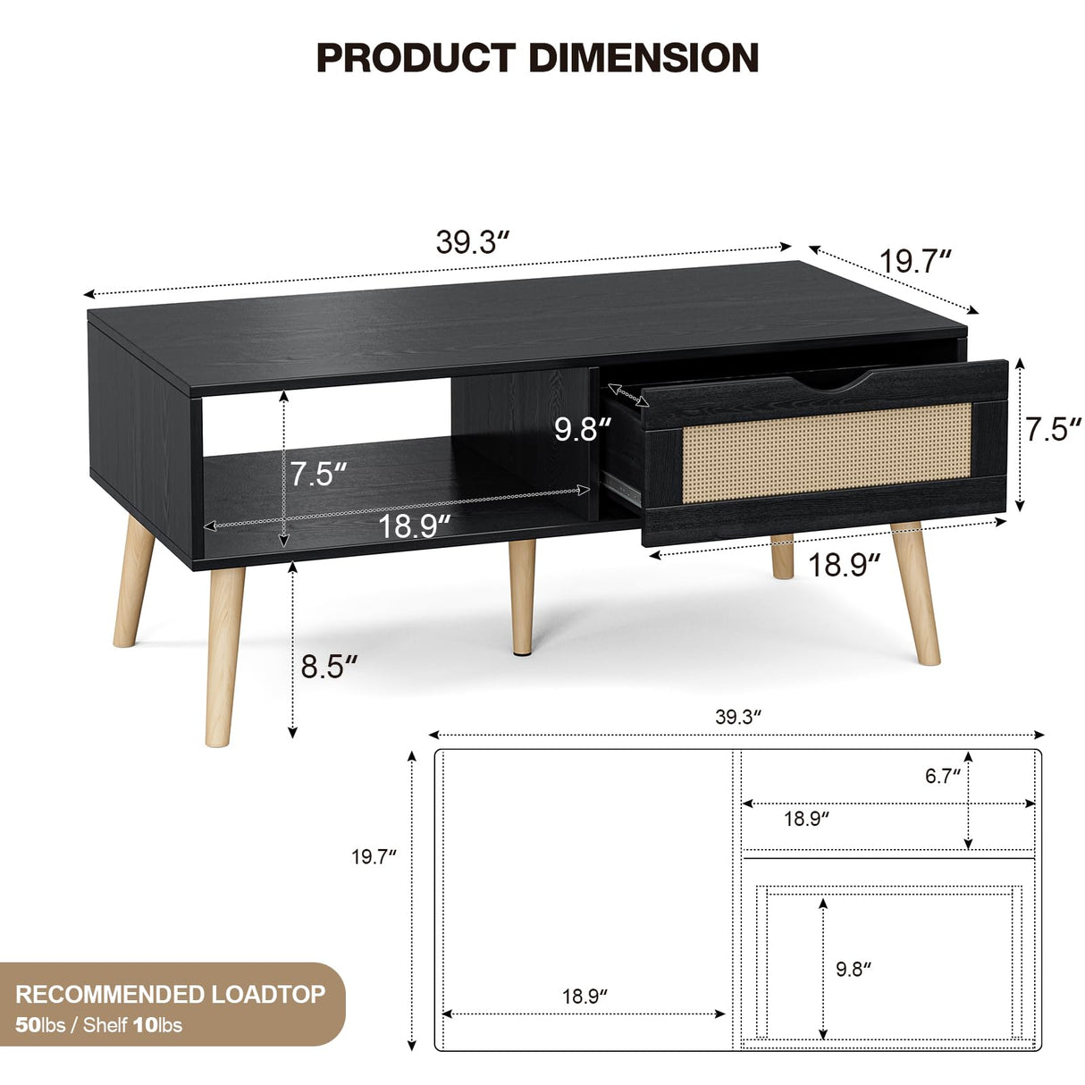 ZttRiee Wood Coffee Table with Storage, Boho Dining Table with Rattan Drawer and Solid Wood Legs, Small Coffee Tables for Living Room, Black ZttRiee