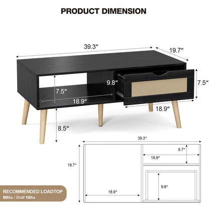 ZttRiee Wood Coffee Table with Storage, Boho Dining Table with Rattan Drawer and Solid Wood Legs, Small Coffee Tables for Living Room, Black