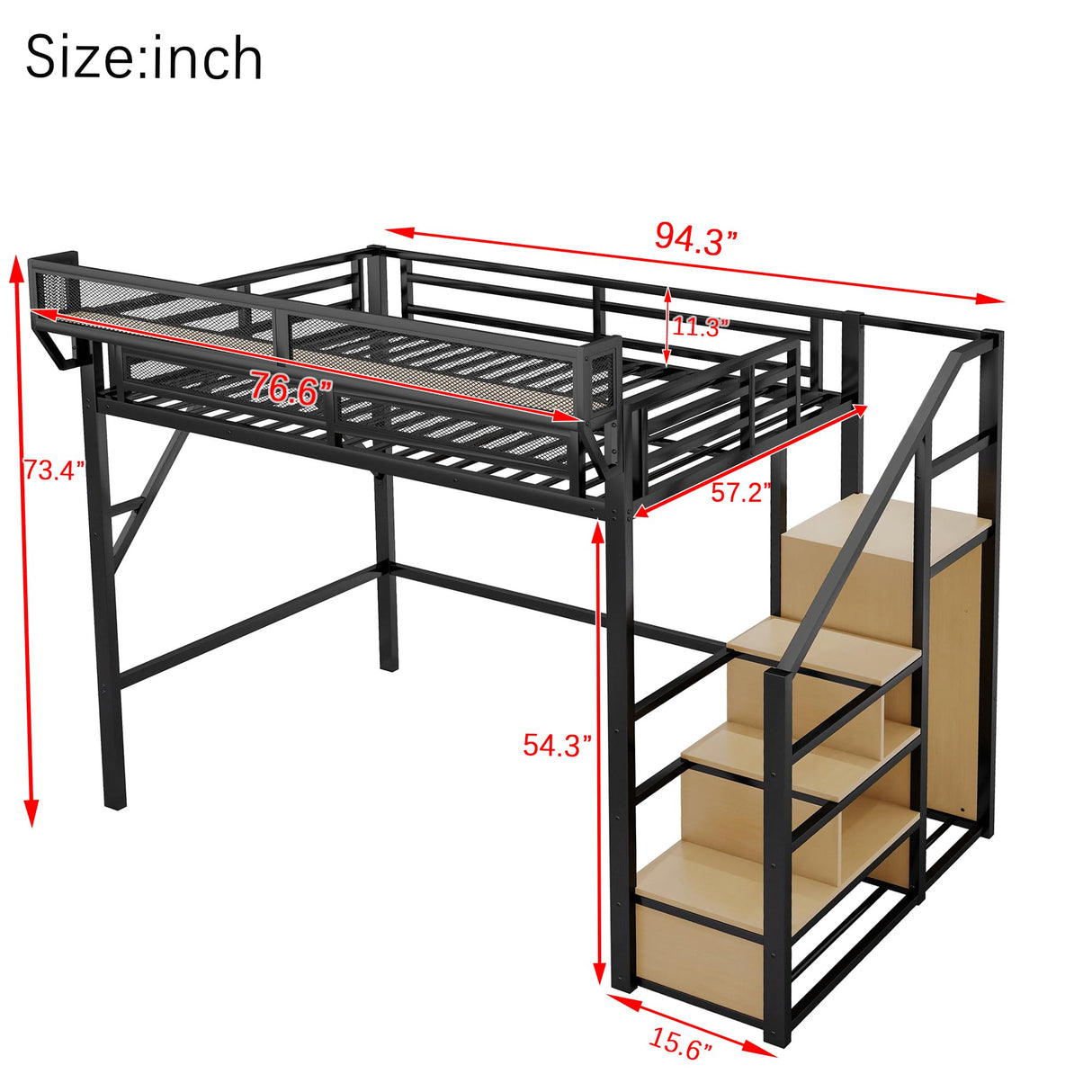 KEIKI Full Size Metal Loft Bed Frame with Convertible Staircase, Built-in Storage Shelves & Wardrobe, Loft Bed with Solid Slats & Guardrail, No Box Spring Required, Easy Assembly, for Bedroom, Black KEIKI