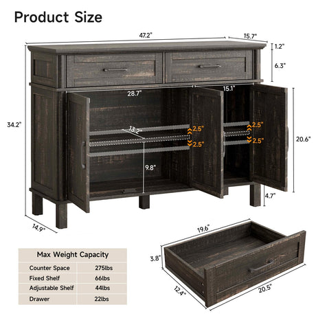 48 Inches Buffet Cabinet with Storage, Farmhouse Sideboard Buffet w/2 Drawers and 3 Doors, Wood Coffee Bar Cabinet with Adjustable Shelves, Sideboard Storage for Kitchen, Living Room, Rustic Brown ONBRILL