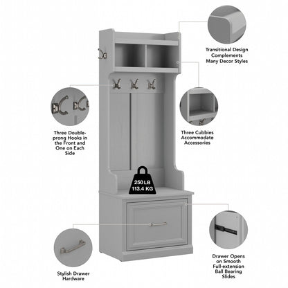 kathy ireland Home by Bush WDL007CG Woodland 69-Inch Coat Rack and Small Shoe Bench with Drawer and 2 Shelves, Cape Cod Gray - WoodArtSupply