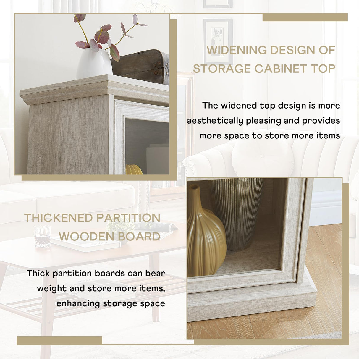 Farmhouse Kitchen Pantry Cabinet, Curio Cabinet, Credenza Storage Cabinet, Tall Book Shelf with Doors, Display Cabinet with Glass Doors for Bedroom, Living Room and Home Office (Antique White) Plturdke