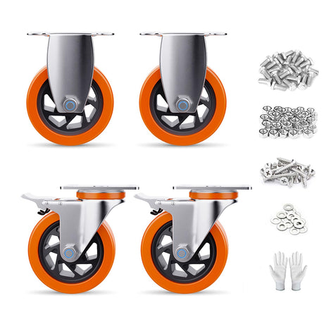 4 Inch Caster Wheels Set of 4 Heavy Duty Casters, No Noise Polyurethane Wheels for Tool Box, Furniture, Workbench, Cart (2PCS Locking Swivel Casters 2PCS Fixed Caster Wheels) Lvgwhisper
