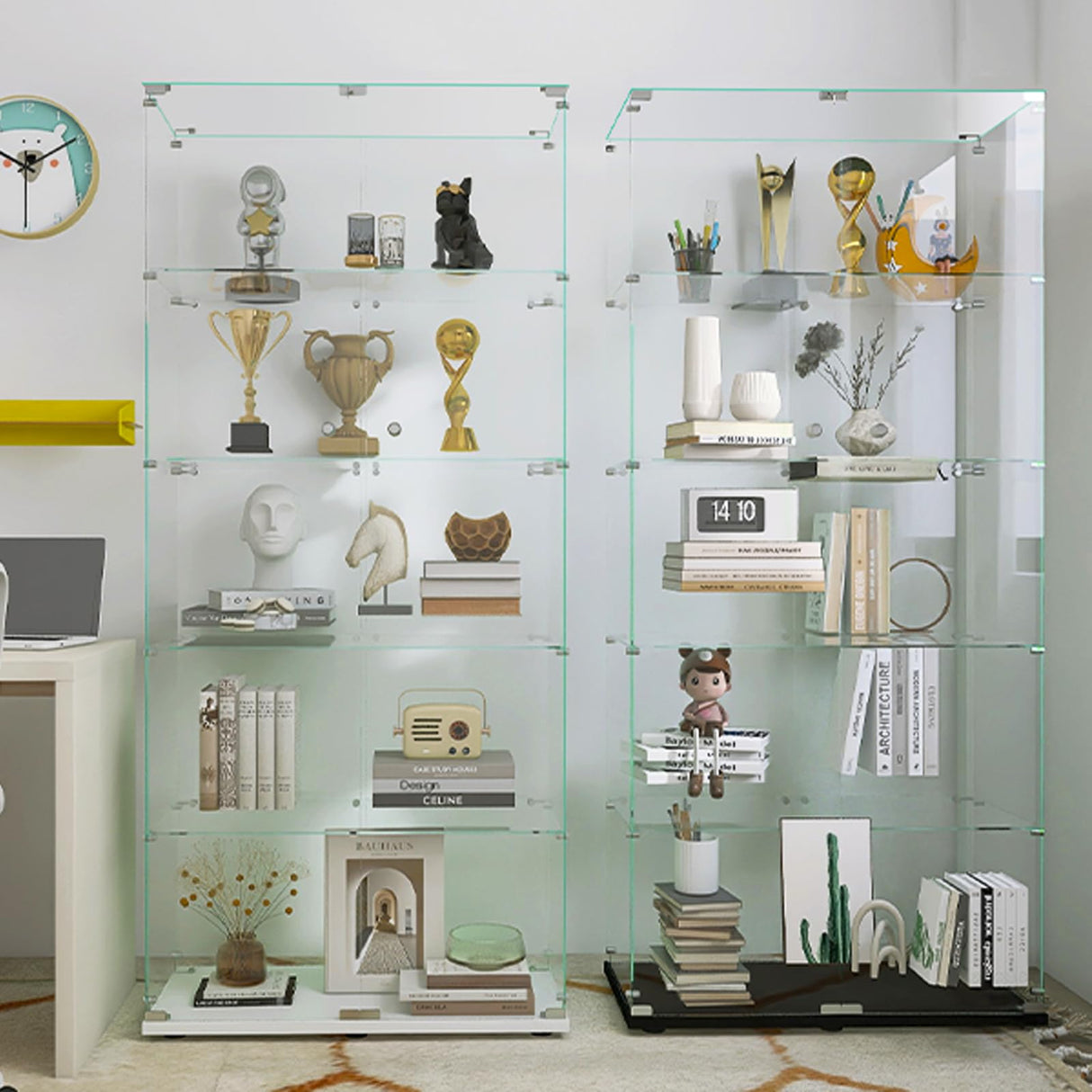 Fetuero Glass Display Cabinet,5 Shelves Double Door LED Lights Curio Cabinet for Collection with Wheels, 74.8" High Glass Display Case for Living Room Bedroom Playroom Office,White Fetuero