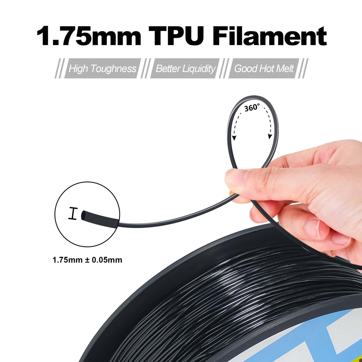 HEllO3D TPU Filament 1.75mm Flexible 3D Printer Filament,85A Soft 3D Printer Filament,TPU Elastomer 3D Filament,Vacuum Packed,Dimensional Accuracy +/- 0.05mm,1Kg Spool (1KG)(Black) HELLO3D