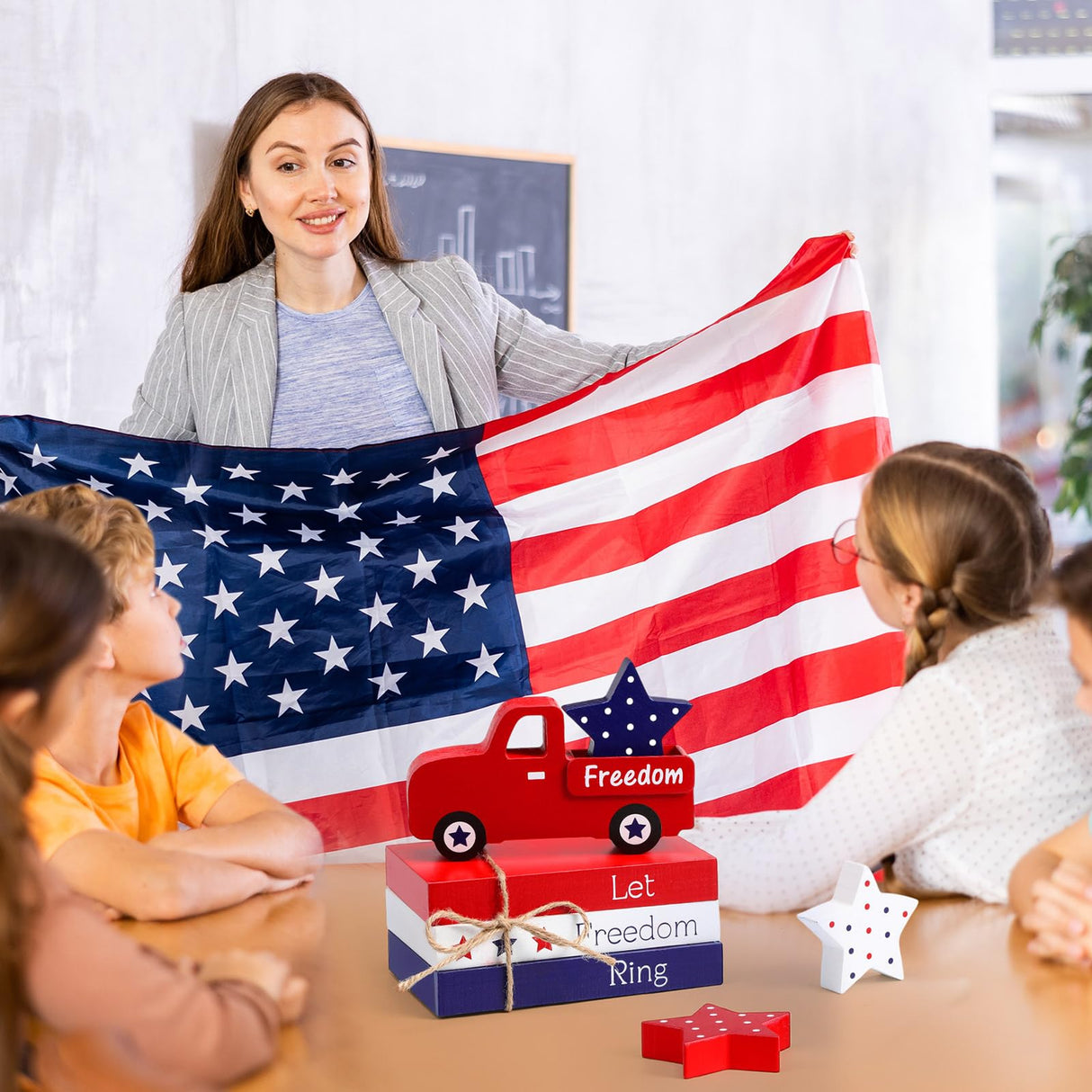 Marsui 5 Pieces Patriotic Table Decorations 4th of July Wood Blocks Let Freedom Ring Centerpieces American Wood Book Stacks for Independence Day Memorial Day Home Indoor Table Topper Tiered Tray Decor Marsui