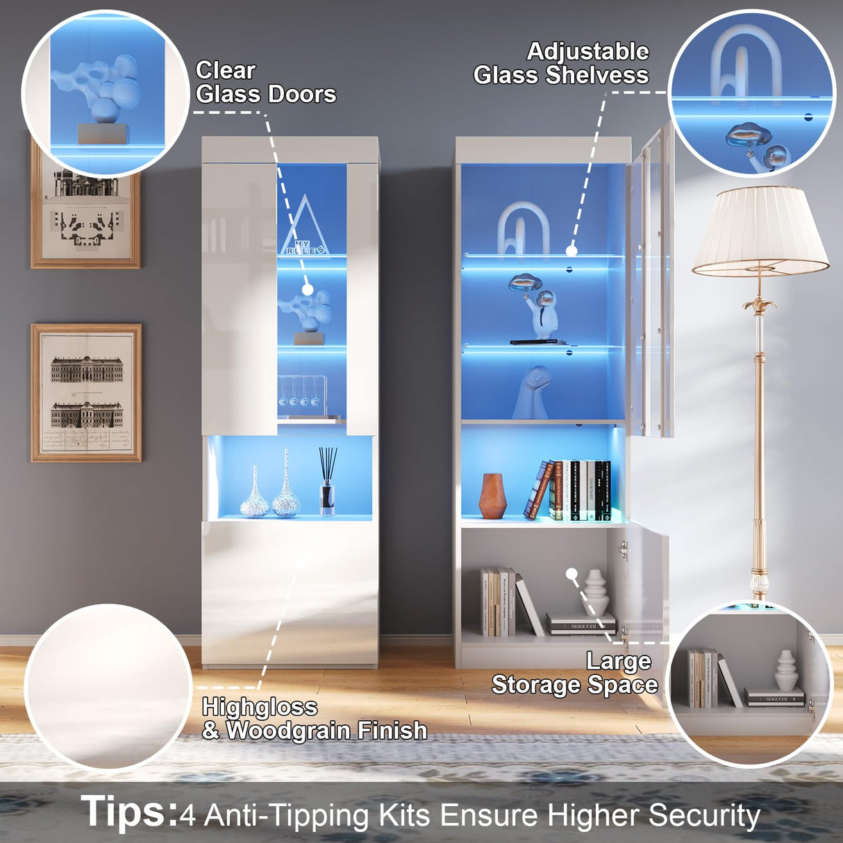 AMERLIFE Entertainment Center with Fireplace and Bookcases, Includes 80" 2-Tier Fireplace TV Stand with 40" Fireplace, 2 x High Gloss Bookshelves with LED Lights & Glass Doors, White AMERLIFE