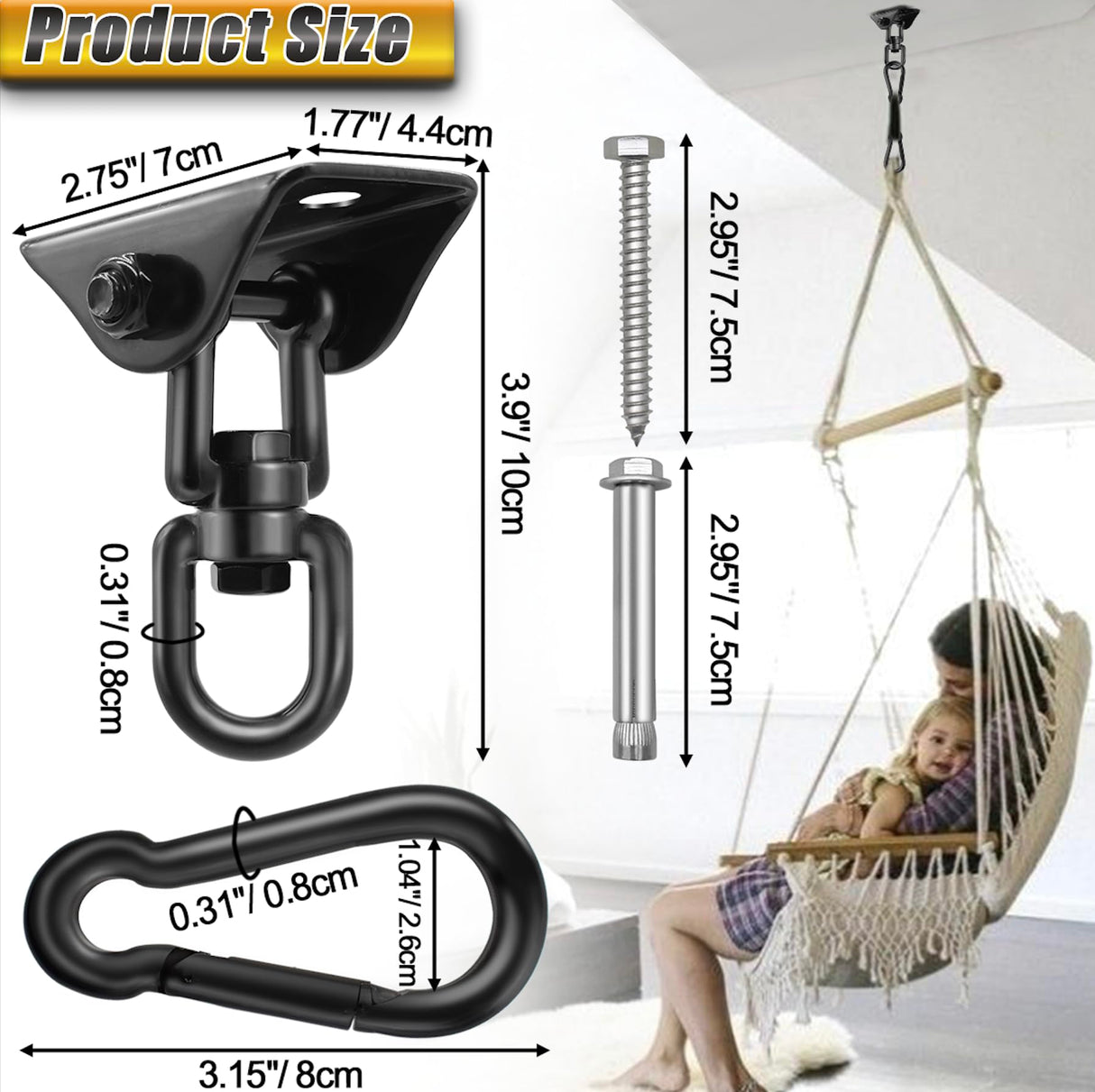 Hammock Hanging Kit, Hanging Chair Hardware 360° Swivel 1200 lb Capacity, Porch Swing Mounting Hardware, Hammock Chair Hanging Kit for Boxing Bag, Tree Gym (Black) Gelury