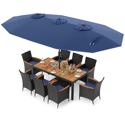 Tangkula 11 Piece Patio Wicker Dining Set w/Double-Sided Patio Umbrella, 8 Stackable Cushioned Chairs, 71" Acacia Wood Dining Table & 15 ft Umbrella with Weighted Base (Navy + Navy)
