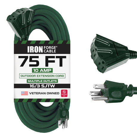 Iron Forge Cable 3 Outlet Outdoor Extension Cord 75 ft, 16/3 Heavy Duty Green Extension Cord with Multiple Outlets 3 Prong, Weatherproof Exterior Power Cable Great for Outside, Landscaping & Lawn IRON FORGE CABLE
