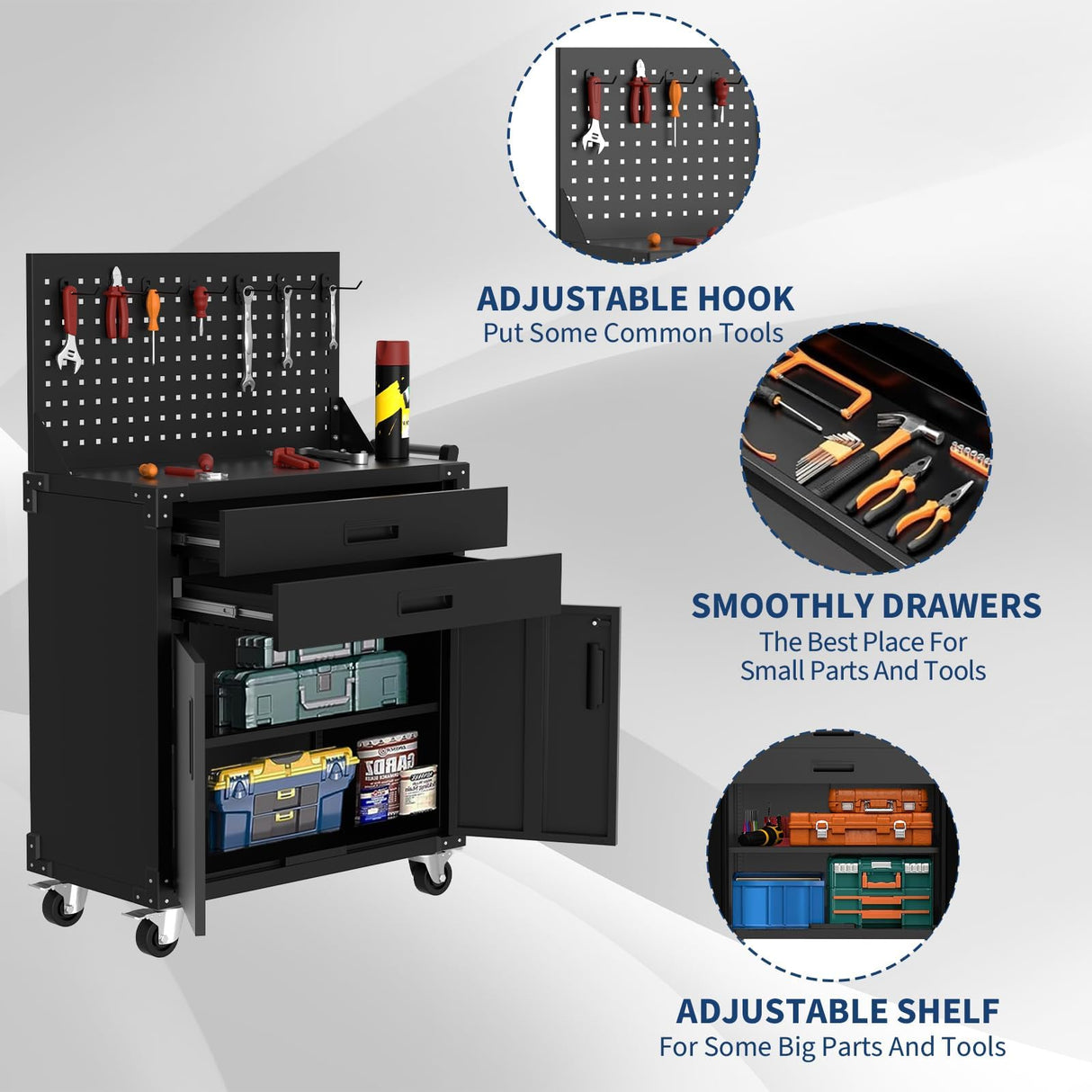 35.4" Tall Heavy-Duty Steel Rolling Tool Cabinet, Mobile Workbench with 2 Deep Drawers, Pegboard, Adjustable Shelves & Locking Casters, Garage Workshop Warehouse Storage Organizer Tioutbot