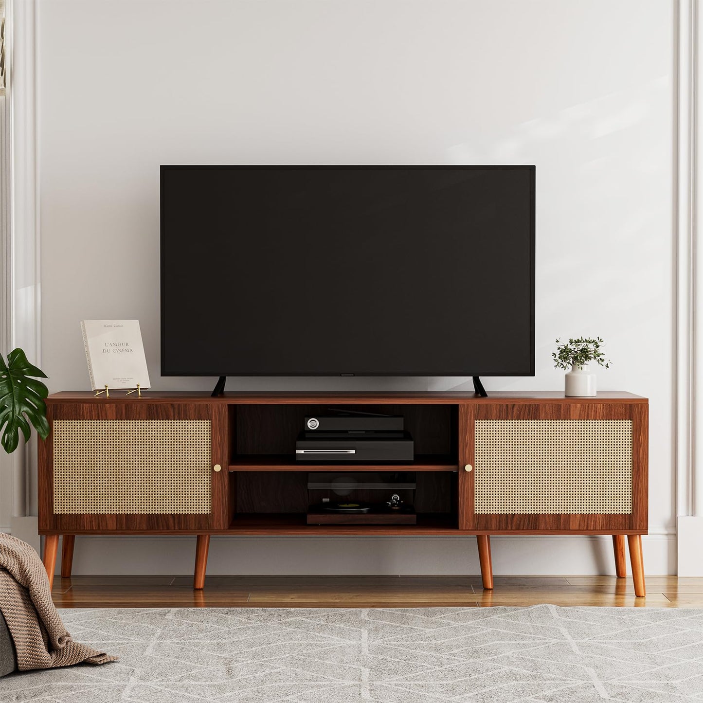 ZttRiee TV Stand for TVs up to 65'', Entertainment Center with Rattan Door, Shelves & 2 Cabinets, Long Boho Media TV Console for Living Room, Walnut