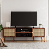 ZttRiee TV Stand for TVs up to 65'', Entertainment Center with Rattan Door, Shelves & 2 Cabinets, Long Boho Media TV Console for Living Room, Walnut ZttRiee