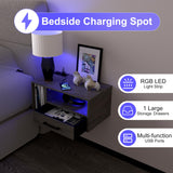 Homaterial Floating Nightstand with Charging Station and LED Lights, Floating Bedside Table with Drawers Wall Mounted Nightstands,for Bedroom Room, 21.3" x 11.8" x 10",Grayish Brown Homaterial