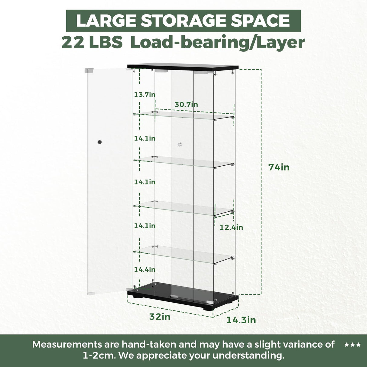 HAMBING Glass Display Cabinet with LED Lights and Lock, 5-Shelf Tempered Glass Curio Cabinet with 2 Doors, Collectible Display Showcase for Living Room, Bedroom – Black HAMBING