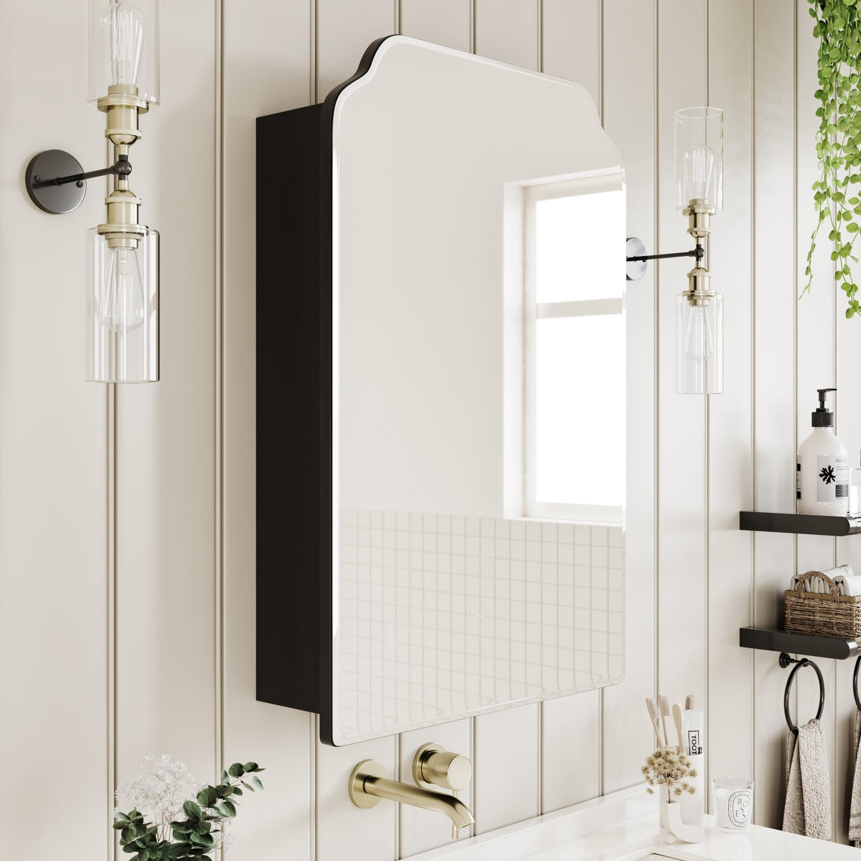 AGDULL Victorian-Style Recessed Bathroom Medicine Cabinet, Storage Cabinet, Bathroom Wood Wall Cabinet with Curved Mirror, Black, 17.5x29 Inch AGDULL