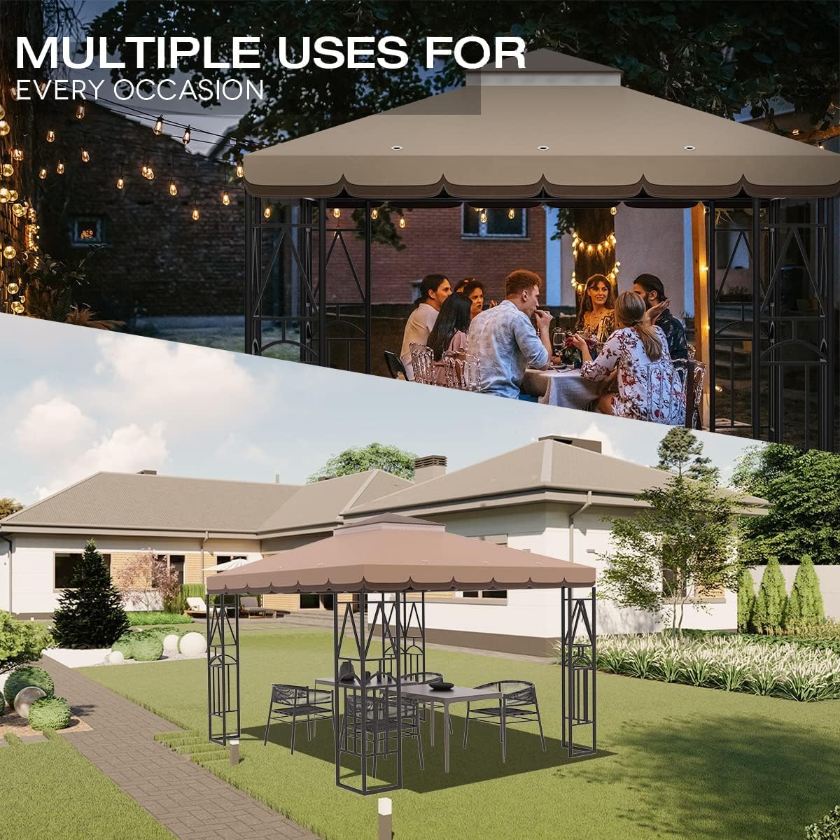 Morikoro 10x10 Canopy Replacement Top Canopy Cover Replacement 10x10 FT Double Tiered Gazebo Covers for Yard Patio Garden Canopy Sunshade (Coffee Liqueur+Brown with lace) Morikoro