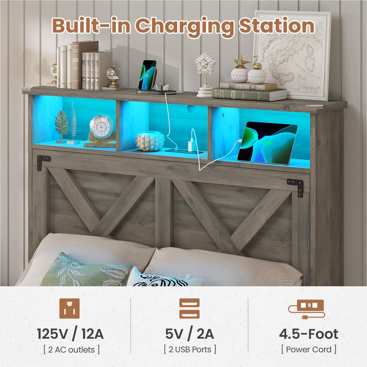 Hasuit Farmhouse Bed Frame Twin Size with Storage Headboard, Charging Station and LED Light, Wooden Twin Bed Frame with Storage Ottoman, Barn Door Design, No Box Spring Needed, No Noise (Oak Grey) Hasuit