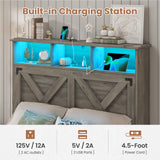Hasuit Farmhouse Bed Frame Twin Size with Storage Headboard, Charging Station and LED Light, Wooden Twin Bed Frame with Storage Ottoman, Barn Door Design, No Box Spring Needed, No Noise (Oak Grey) Hasuit
