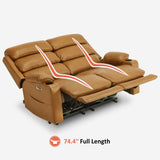 MCombo 63.4" Power Reclining Loveseat Sofa with Adjustable Headrest, Heat and Vibration, USB Type C Charge Ports Faux Leather for Living Room 6711 (Cognac Brown) MCombo