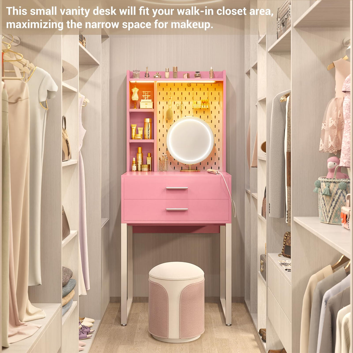 Besiost Small Vanity Desk with Hutch and Drawers, Pink Makeup Vanity Desk with Charging Station, Vanity Table Dressing Table with LED Lights, Vanity Desk No Mirror with Pegboard for Girls Women, 24" Besiost