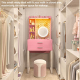 Besiost Small Vanity Desk with Hutch and Drawers, Pink Makeup Vanity Desk with Charging Station, Vanity Table Dressing Table with LED Lights, Vanity Desk No Mirror with Pegboard for Girls Women, 24" Besiost