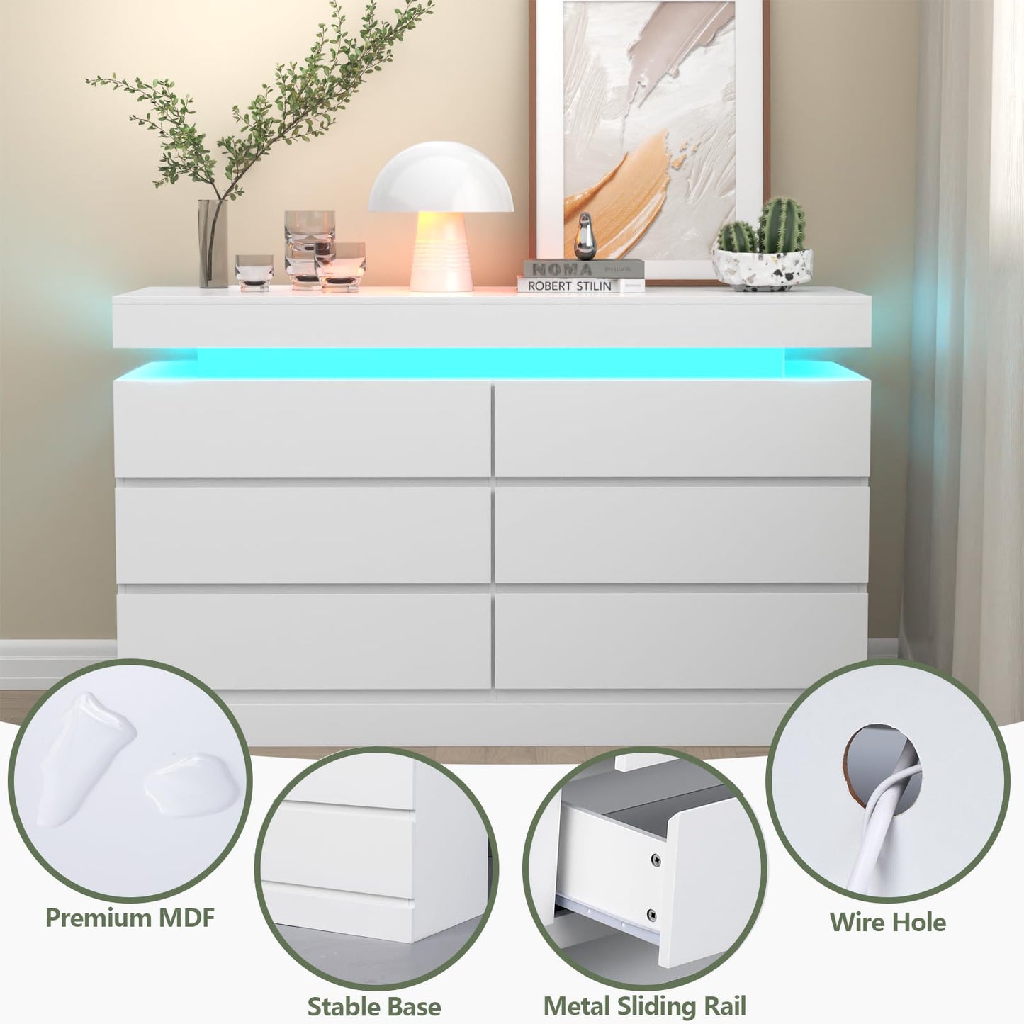 Gyfimoie 6 Drawer Dresser with Power Outlet, White Dresser with LED Light, Modern Chest of Drawers for Closet, Double Wide Drawer Organizer Cabinet for Bedroom, Living Room, Entryway, Hallway (White)