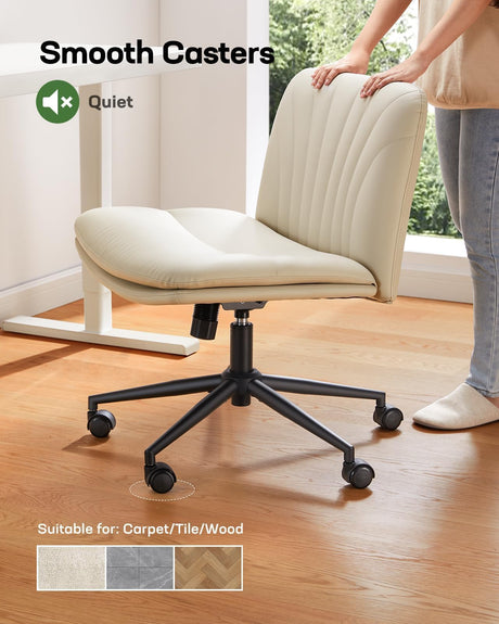Marsail Armless-Office Desk Chair with Wheels: PU Leather Cross Legged Wide Chair,Comfortable Adjustable Swivel Computer Task Chairs for Home,Office,Make Up,Small Space,Bed Room(Light Beige) Marsail