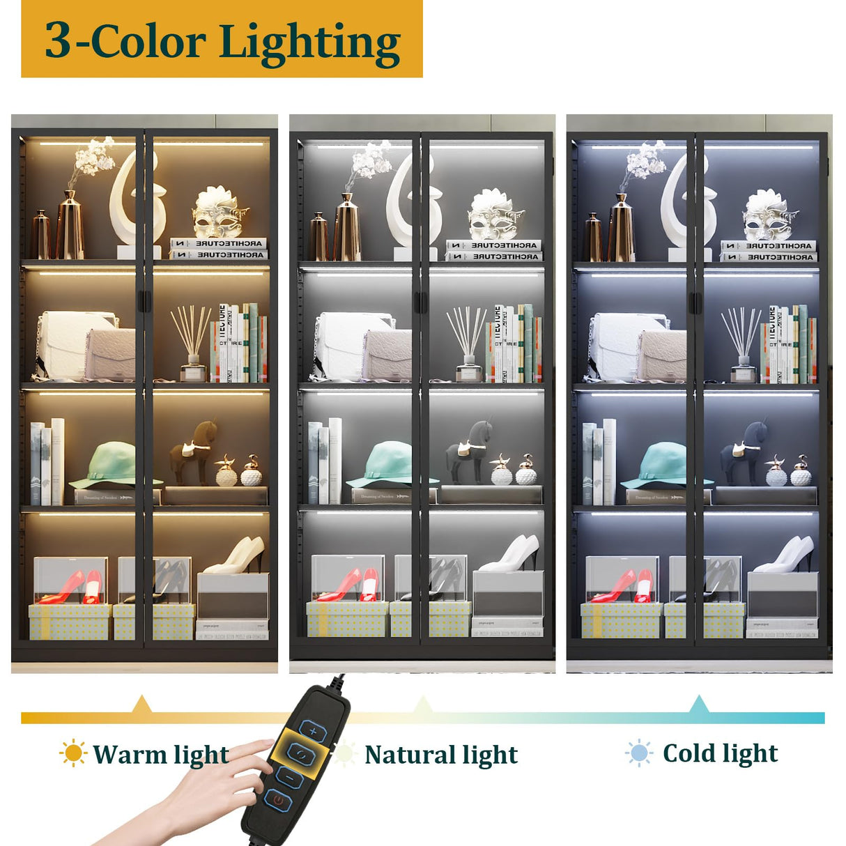 Eltean Display Cabinet with Glass Doors and LED Lights, Glass Display Case with 3 Adjustable Shelves,4 Tier of Storage Space Curio Cabinet for Bedroom Living Room Homeoffice Dining Room Eltean