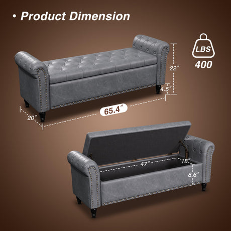 65 Inch Bedroom Bench, End of Bed Bench with Storage, Bed Benches for Foot of Bed, Faux Leather Window Bench with Tufted Button and Nailhead Trim, Upholstered Storage Bench with Rolled Arms, Gray FiveWillowise