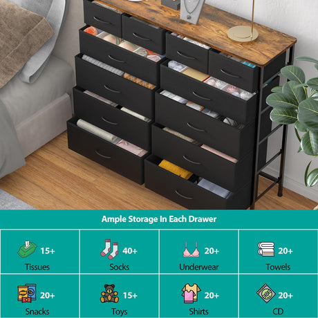 VASICAR Dresser for Bedroom with 12 Drawers, Tall Fabric Drawer Dresser, Compact Chest of Drawers for Closet, Nursery, Bedside, Living Room, Laundry, Entryway, Hallway VASICAR
