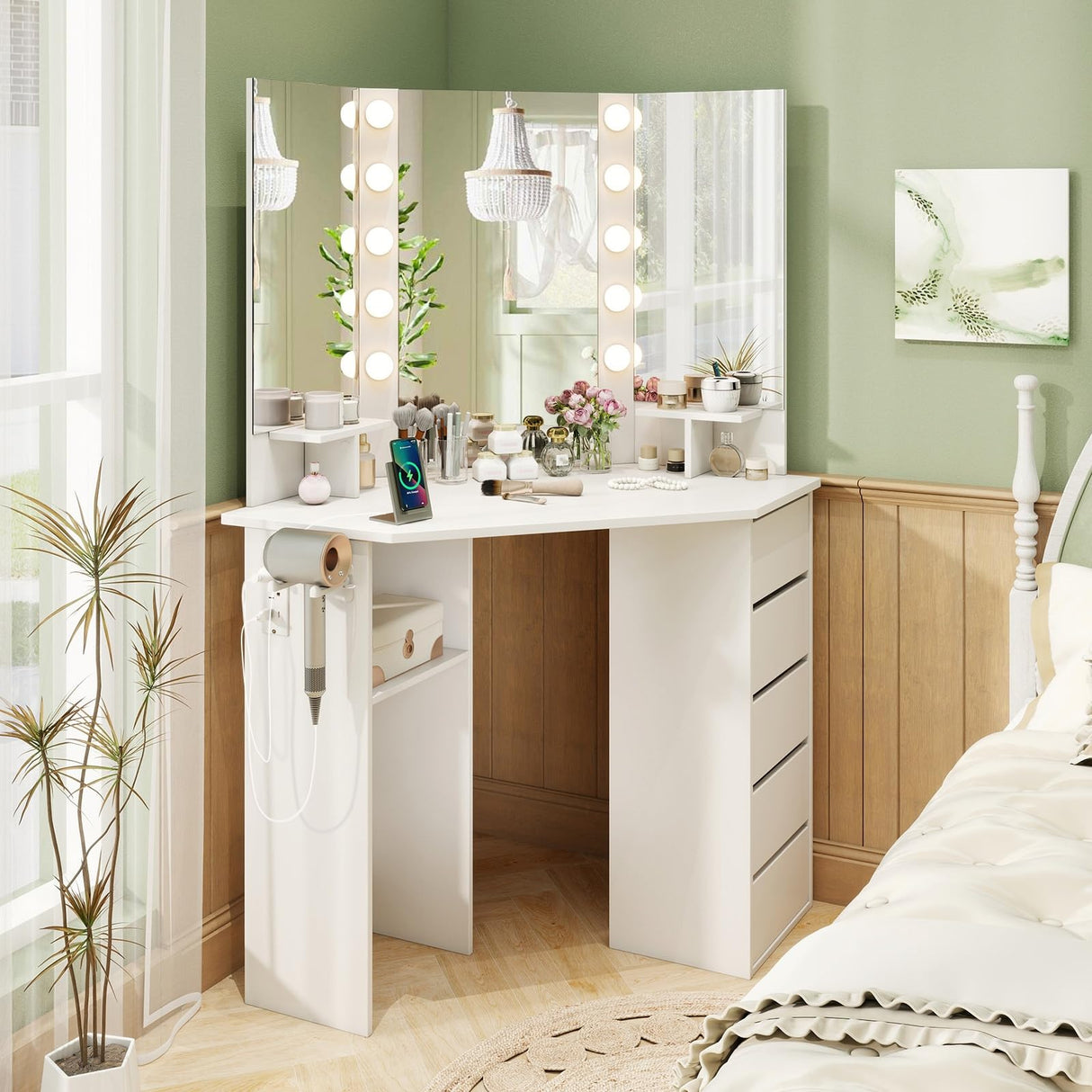 CHARMAID Corner Vanity Desk with Mirror and Lights, White Makeup Vanity Table with 5 Drawers, Storage Shelves, Charging Station, 3 Lighting Modes, Compact Vanity Dressing Table for Small Space CHARMAID