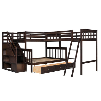 Espresso L Shaped Triple Bunk Bed with Stairs & Storage for Kids, Teens, and Adults - Twin Over Full Design - WoodArtSupply