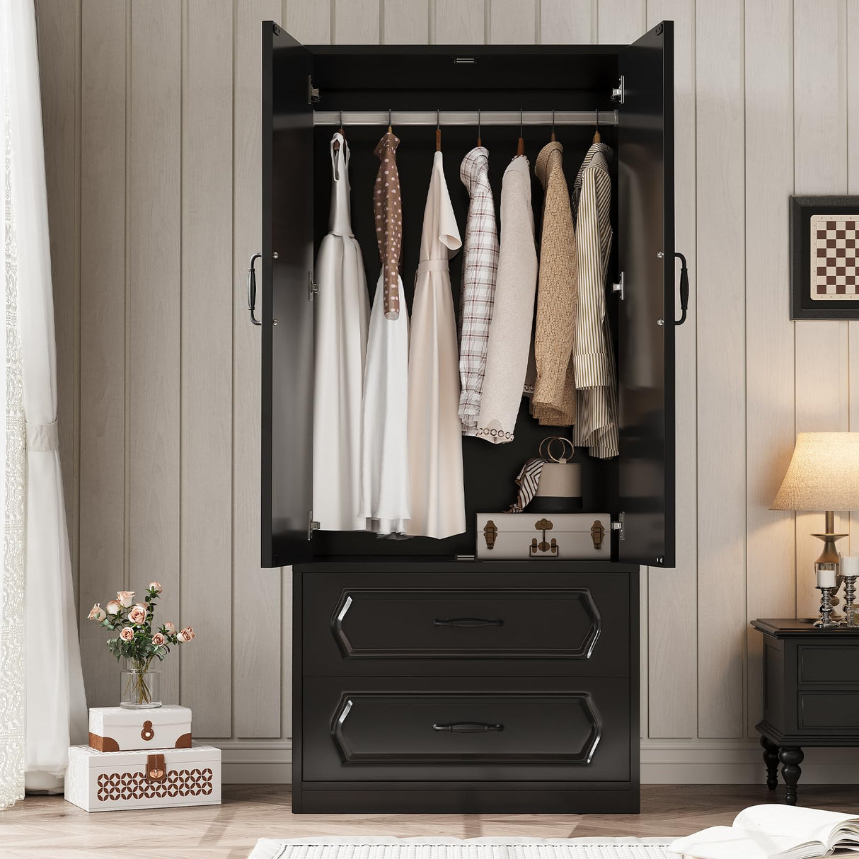 Swpormundo Wardrobe Closet with Drawers and Hanging Rod, 70" Wooden Wardrobe Closet with 2 Doors and 2 Drawer, Armoire Clothing Storage Cabinets with Smooth Slide for Bedroom, Dorm, Cloak Room (Black) Swpormundo