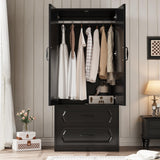 Swpormundo Wardrobe Closet with Drawers and Hanging Rod, 70" Wooden Wardrobe Closet with 2 Doors and 2 Drawer, Armoire Clothing Storage Cabinets with Smooth Slide for Bedroom, Dorm, Cloak Room (Black) Swpormundo