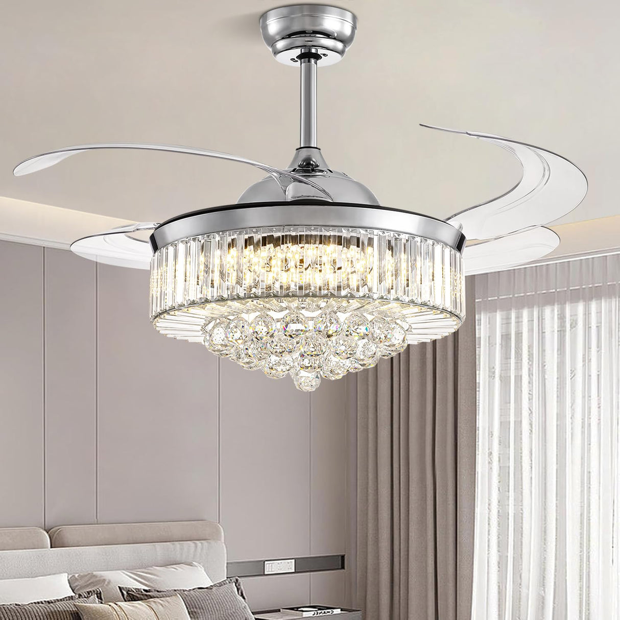 NOXARTE 48 Inch Crystal Chandelier Ceiling Fan with Light Fandelier Ceiling Fan with Light Retractable Blades Fan with Remote Control 48" Dimmable Fandelier for Bedroom Living Room NOXARTE