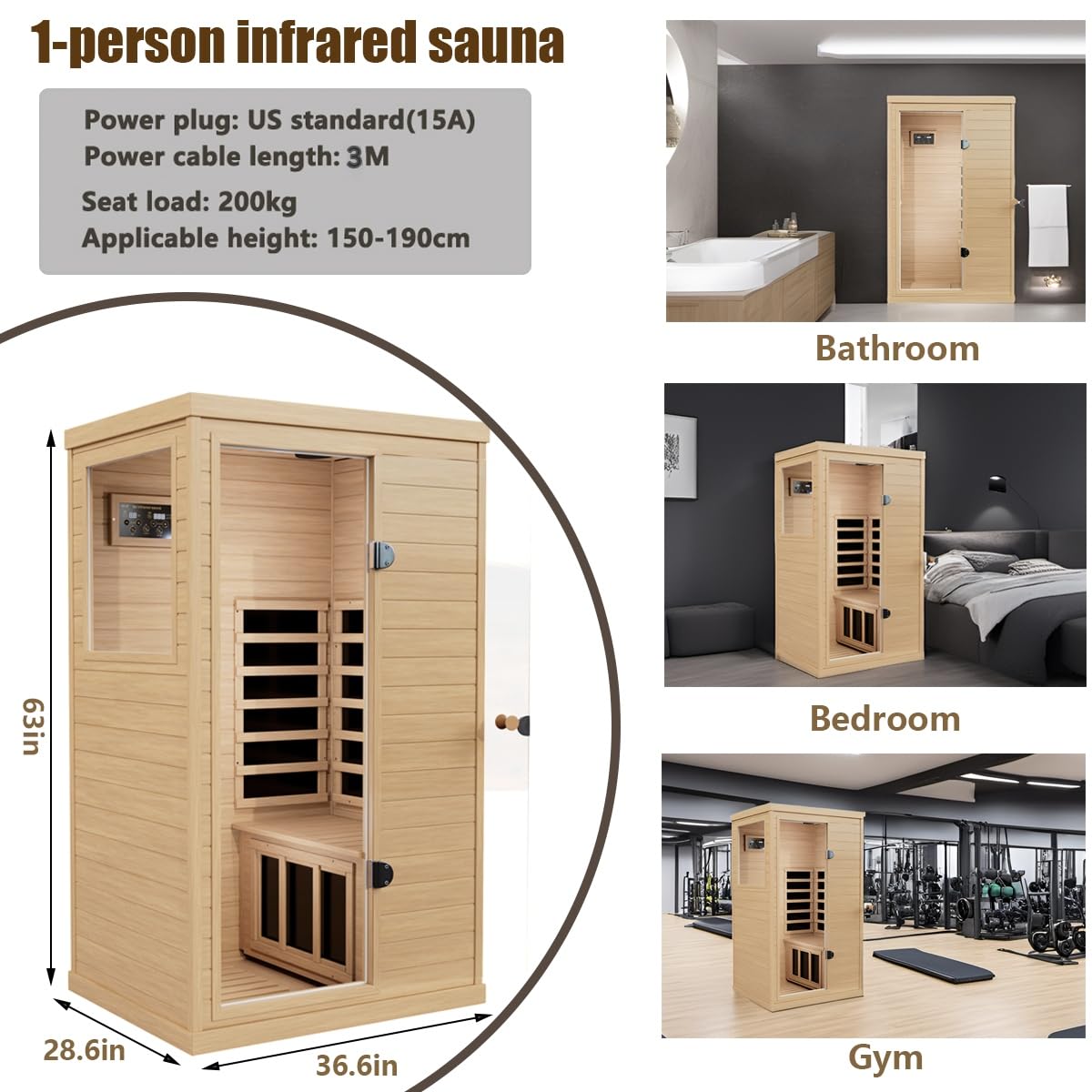 LTCCDSS Infrared Sauna, 1 Person Far Infrared Sauna for Home, with 1050W Indoor Sauna, Low EMF Heaters, 2 Bluetooth Speakers, 1 LED Reading Lamp Hemlock Wood Sauna Room Left Door LTCCDSS