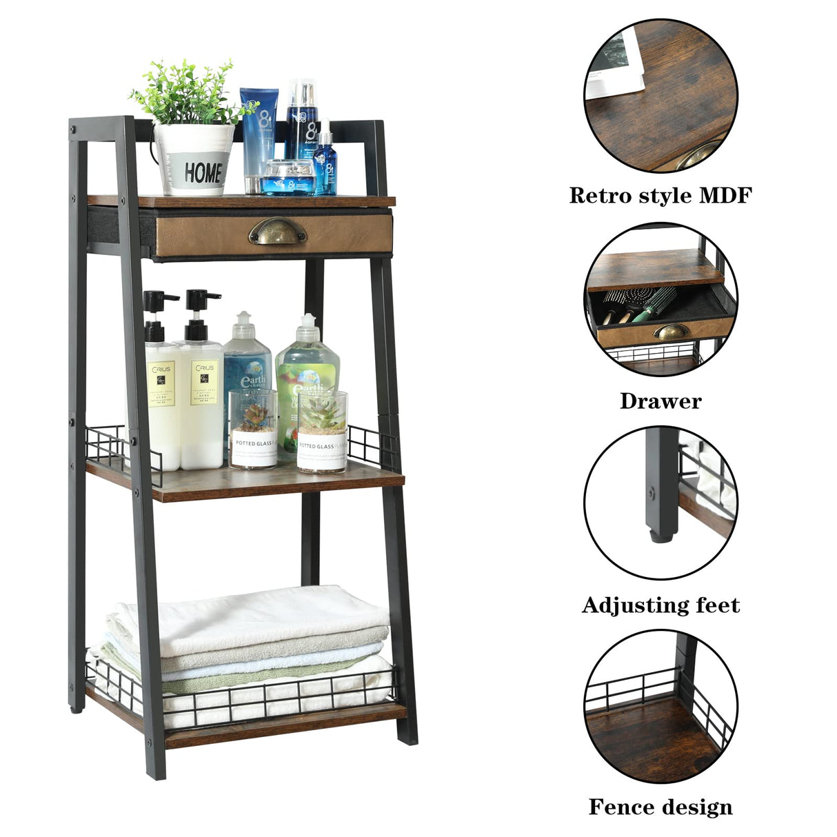 3-Tier Freestanding Bathroom Ladder Shelf with Drawer & Open Storage keomaisyto