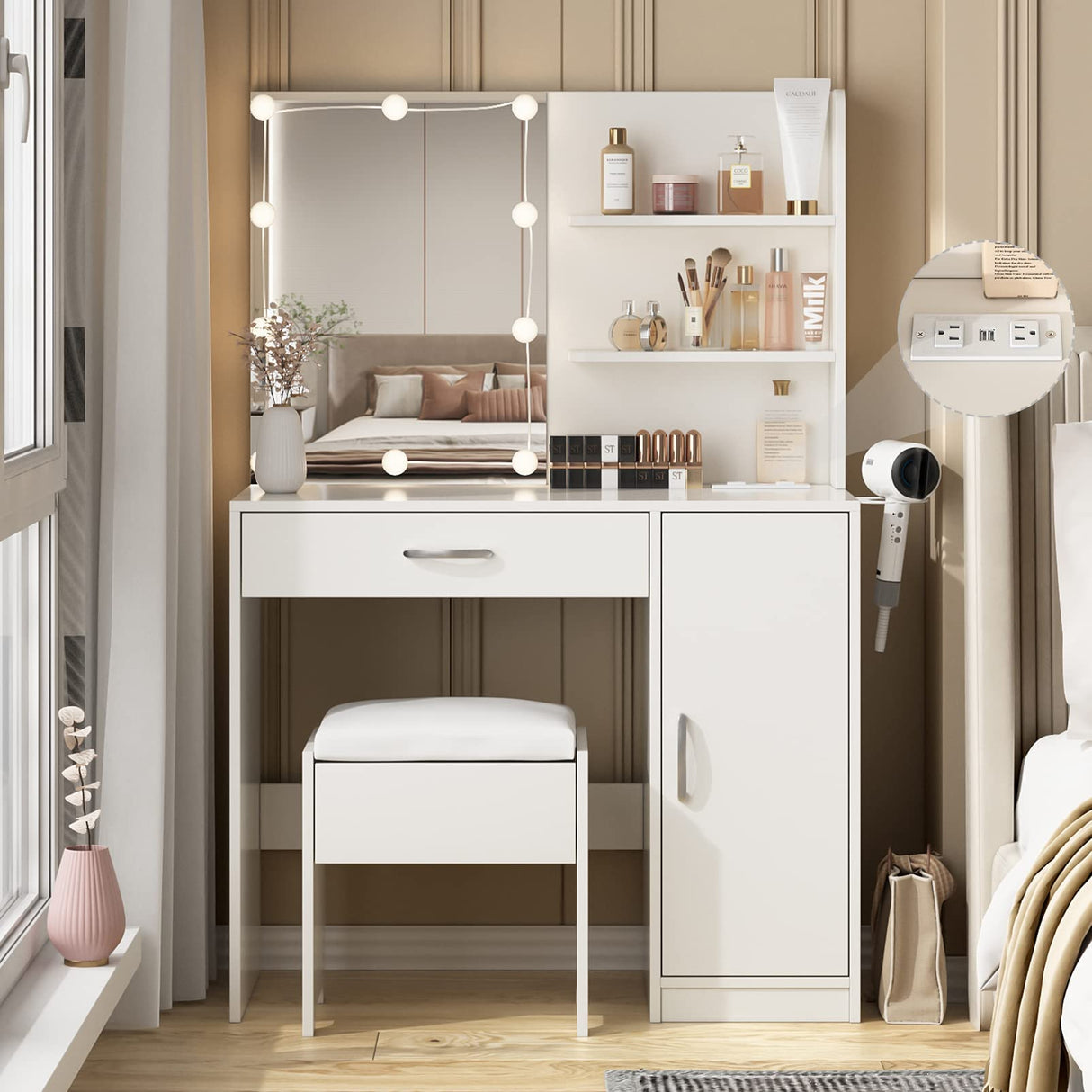 Makeup Vanity Desk with Lighted Mirror & Power Strip,Makeup Vanity Table with Lights and Lots Storage,3 Lighting Modes,35in Large Drawers Dressing Table,White Vabches