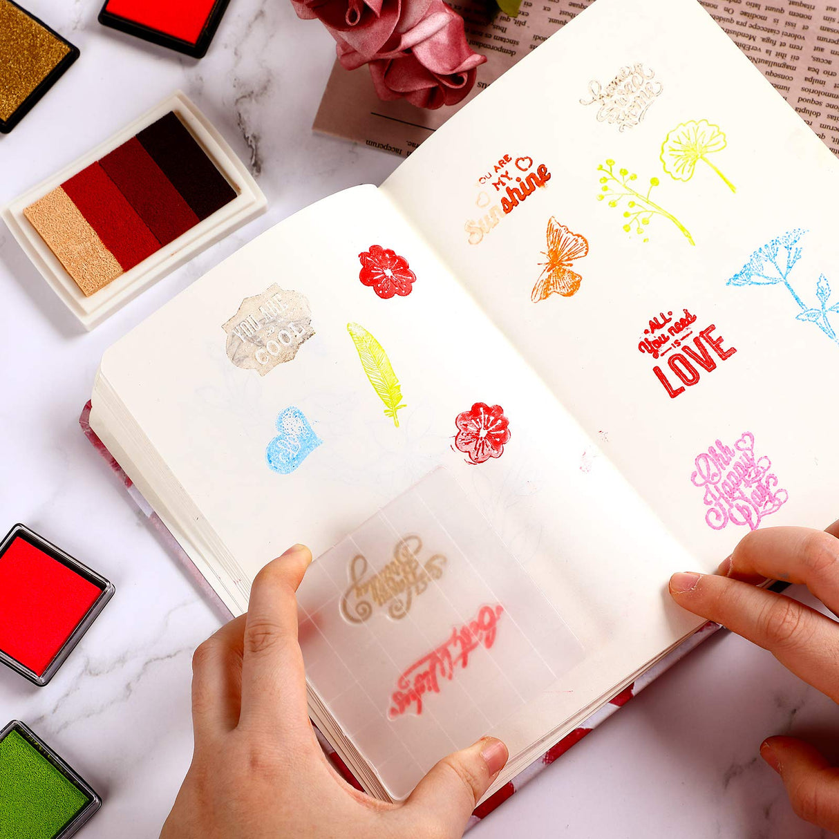 Zonon 22 Pieces Acrylic Stamp Blocks Tools Set Include 6 Clear Stamp Blocks, 4 Transparent Silicone Seals, 12 Craft Ink Pad for Scrapbooking Card Making Zonon