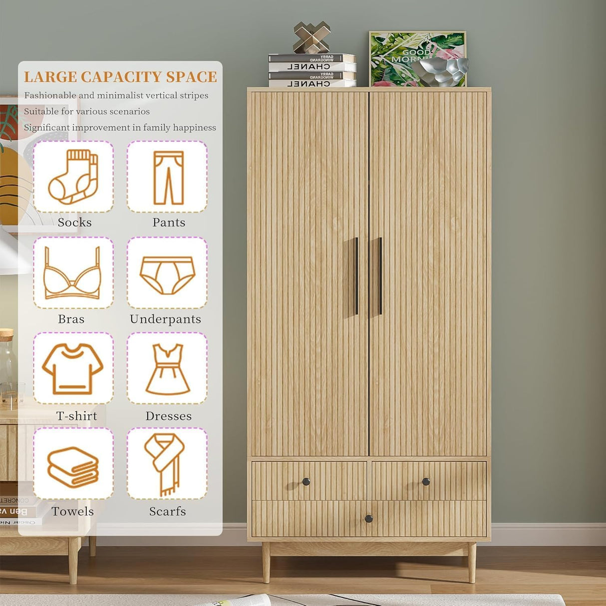 Armoire Wardrobe Closet with Drawers and 2 Fluted Doors 64.96 in Farmhouse Closet Wardrobe Cabinet with Hanging Rod Freestanding Wooden Bedroom Armoire Storage Cabinet with Shelf (1, Natural) Fsbecl