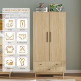 Armoire Wardrobe Closet with Drawers and 2 Fluted Doors 64.96 in Farmhouse Closet Wardrobe Cabinet with Hanging Rod Freestanding Wooden Bedroom Armoire Storage Cabinet with Shelf (1, Natural) Fsbecl