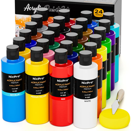 Nicpro 24 Colors Large Bulk Acrylic Paint Set (8.45 oz,250 ml) Non Toxic Artist Painting Supplies for Multi Surface Canvas, Wood, Fabric Leather, Rock, Glass, Paper, Crafts, Hobby with Color  - WoodArtSupply