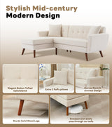 Tbfit L Shaped Couch Sofa, 80" W Mid-Century Modern Sectional Couches, 3 Seater Sofas with Wide Chaise Lounge & Two Pillows,Button Tufted Upholstered Sectional Sofa for Living Room, Bedroom, Beige Tbfit