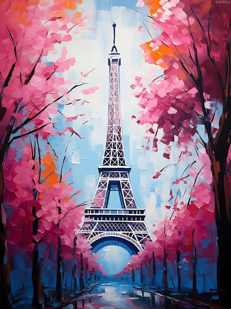 KAYEIUU 5D Paris Eiffel Tower Diamond Art Painting Kits for Adults, Eiffel Tower Pink Cherry Blossoms Diamond Dots Paintings for Beginners Home Wall Decor Gifts 12x16 inch KAYEIUU
