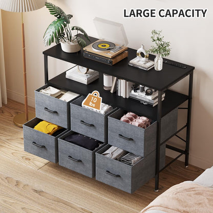 TV Stand Dresser with Power Outlet Charging Station for Bedroom with 6 Large Fabric Drawers, Media Table Entertainment Center with Open Storage Shelves, Living Room Furniture